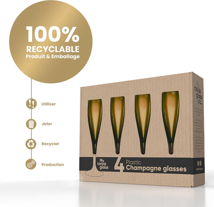 MyDrinkglass Sektgläser Plastik Givet | Gold Champagner Gläser | 4 Stück | Kunststoff Gläser | Campi