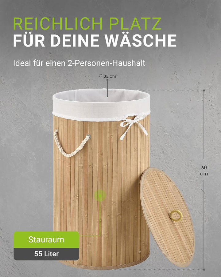 Juskys Bambus Wäschekorb Curly-Round Natur 55L - Hygienischer & Faltbarer Wäschekorb mit Deckel, Tra
