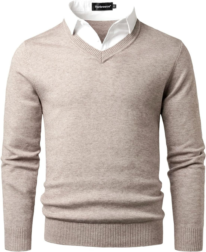 Harbrosrce Herren Strick Pullover V Ausschnitt Strickpullover Feinstrick Mock Hemdkragen Strickwaren