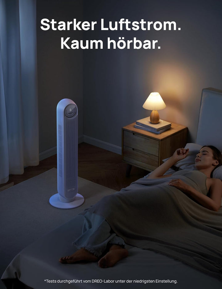 Dreo Smart 20dB Leiser Turmventilator, 10 m Wurfweite 4 Geschwindigstufen 4 Modi 8 Std. Timer 90° os