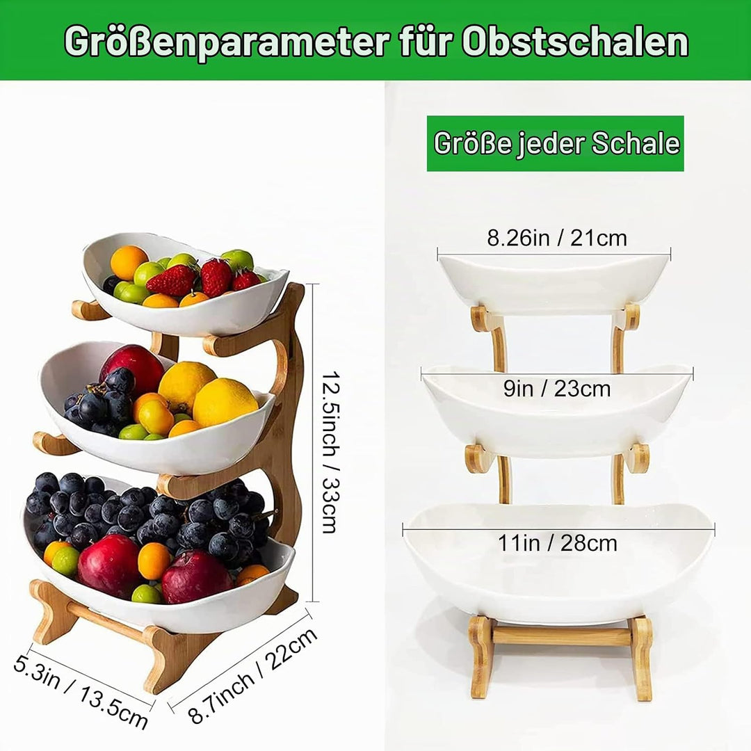 Obst Etagere Obstschale Keramik 3 Stöckig Porzellan Obstteller 3 Etagen mit Natürlichem Bambus Ständ
