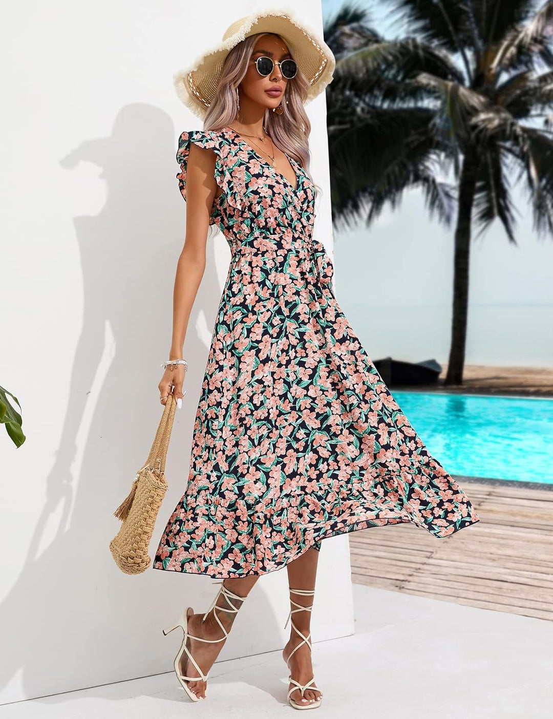 KOJOOIN Damen Sommerkleid Kurzarm Maxikleid Lange Wickelkleid Volant Kleid Rüschen Strandkleid V-Aus