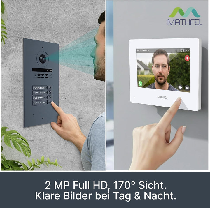 Mathfel 2-Draht Video Türsprechanlage mit Gravur – WLAN Monitor, 2MP HD Kamera, 170° Weitwinkel, Tür