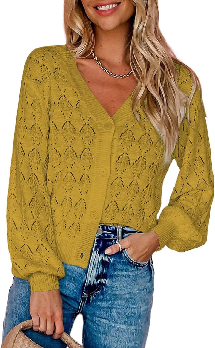 Dokotoo Damen Strickjacke V-Ausschnitt Kurzer Cardigan Elegant Langarm Leichter Strickpullover mit K