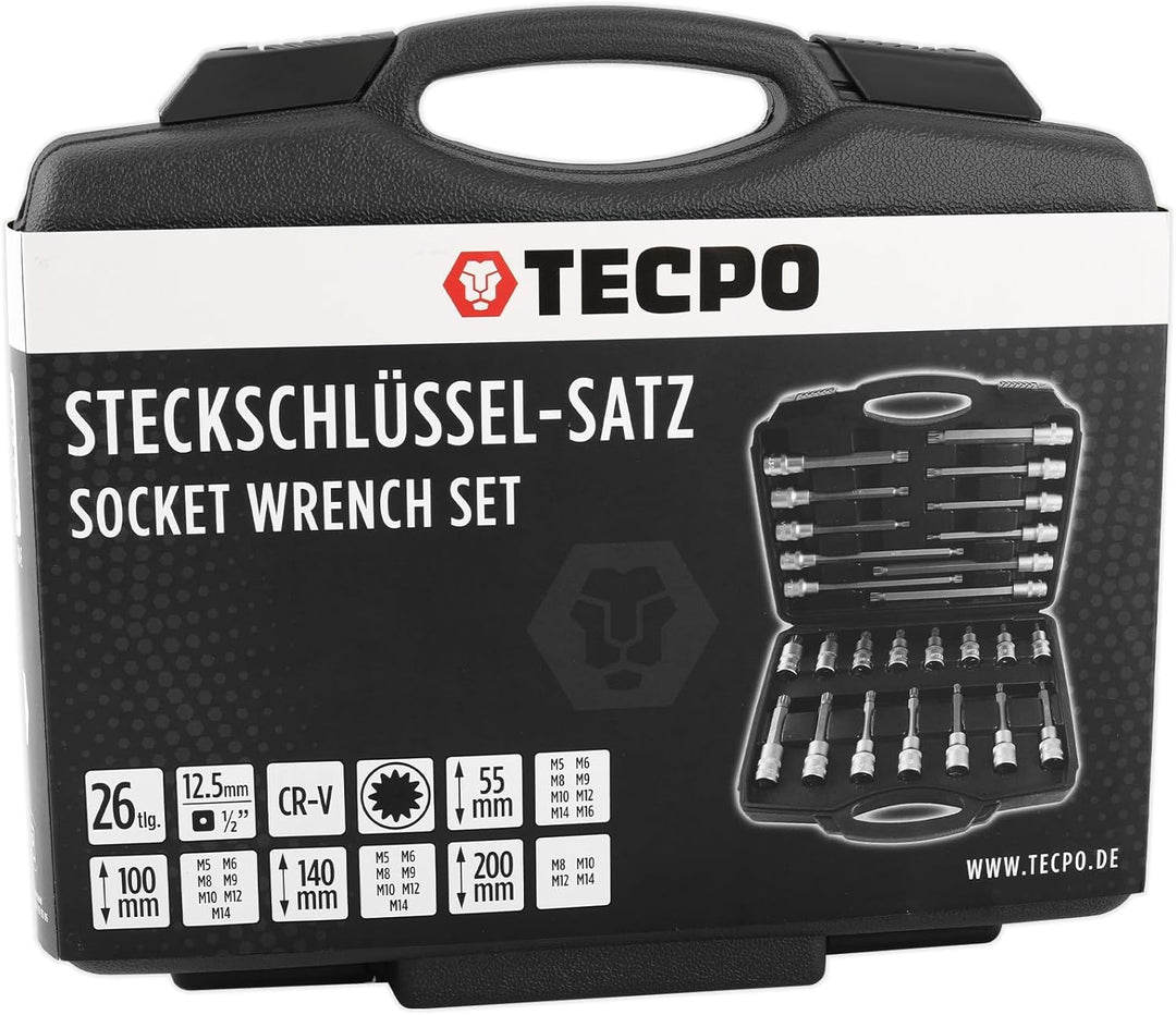 TECPO Steckschlüsselsatz Innen Vielzahn 1/2 Zoll 12-Kant Stecknüsse 26-teilig