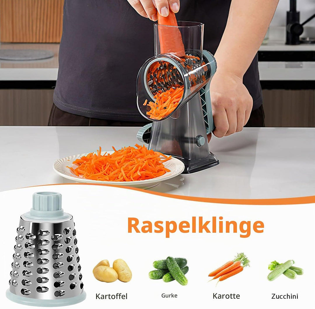 Cheese Grater, Käsereibe mit Kurbel, Trommelreibe, Gemüsehobel Reibe mit 3 Trommelklingen, manuell r