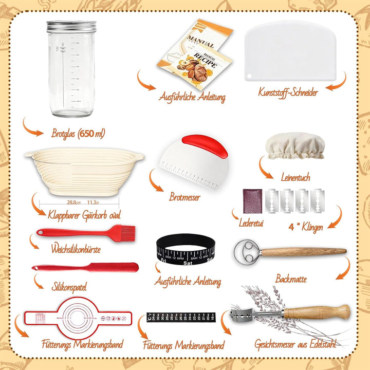 Daity Sauerteig Starter Set, 11-teilig Brot Backen Zubehör,28cm Klappbare Brot Gärkorb Oval,Handgeba