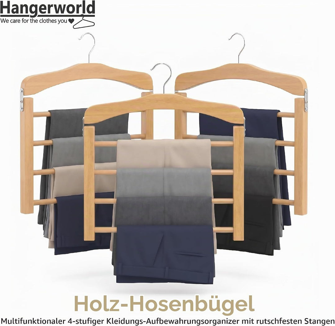 Hangerworld 3 Holz Hosenbügel Mit 4 rutschfesten Hosenstegen 38cm Naturfarben Holz Kleiderbügel, 3
