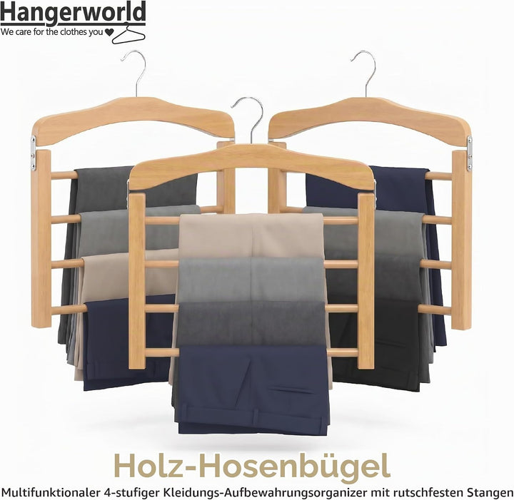 Hangerworld 3 Holz Hosenbügel Mit 4 rutschfesten Hosenstegen 38cm Naturfarben Holz Kleiderbügel, 3