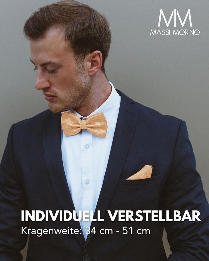 Massi Morino Fliege mit Einstecktuch für Herren Set - Anzug Herrenfliege zur Hochzeit - Verstellbare