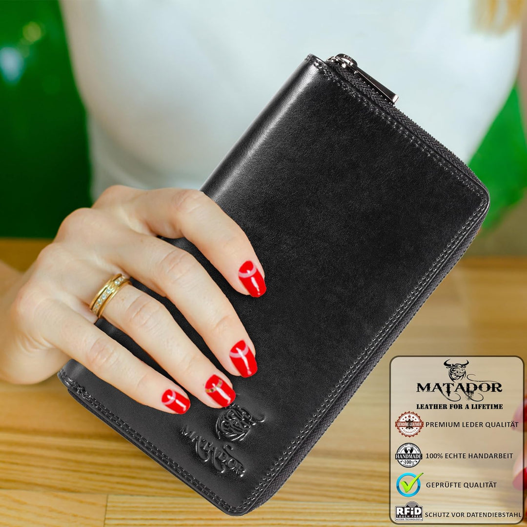 MATADOR Damen/Frauen Geldbörse TÜV Geprüfter RFID & NFC Schutz Portemonnaie Rinds Leder Geldtasche m