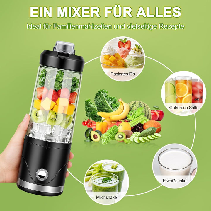 Tragbarer Mixer und Smoothie Maker to go, 650ml Abnehmbarer Behälter, 4000mAh Kabellos & Wiederaufla