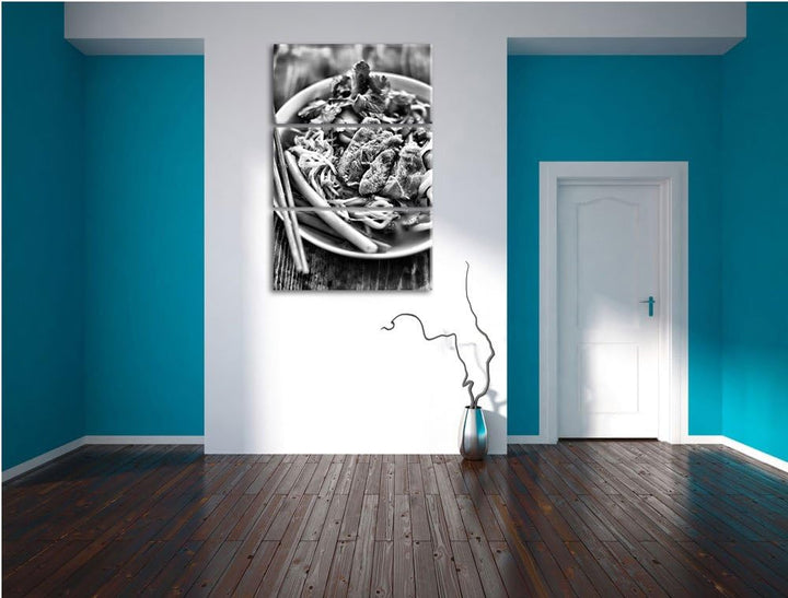 Pixxprint Monocrome, Japanische Miso Nudelsuppe 3-Teiler Leinwandbild 120x80 Bild auf Leinwand