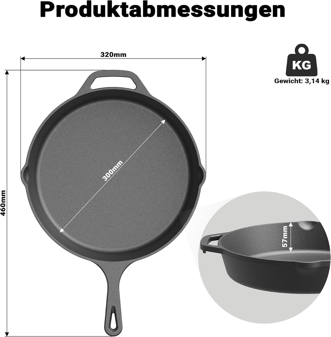 Wiltec Bratpfanne aus Gusseisen Ø30cm, Feuerpfanne mit Griff und Ausgiesser, Grillpfanne Ø 300 x 55