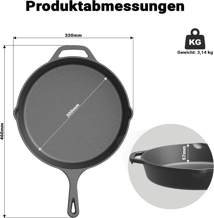 Wiltec Bratpfanne aus Gusseisen Ø30cm, Feuerpfanne mit Griff und Ausgiesser, Grillpfanne Ø 300 x 55