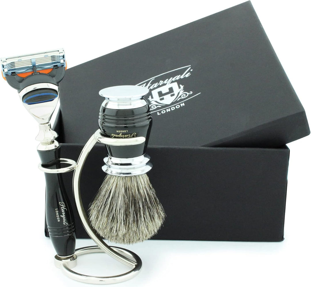 Pur Schwarz Dachs Rasier bürste, Rasierer mit Schwarzer Griff & Edelstahl Ständer mit Crome Finish.