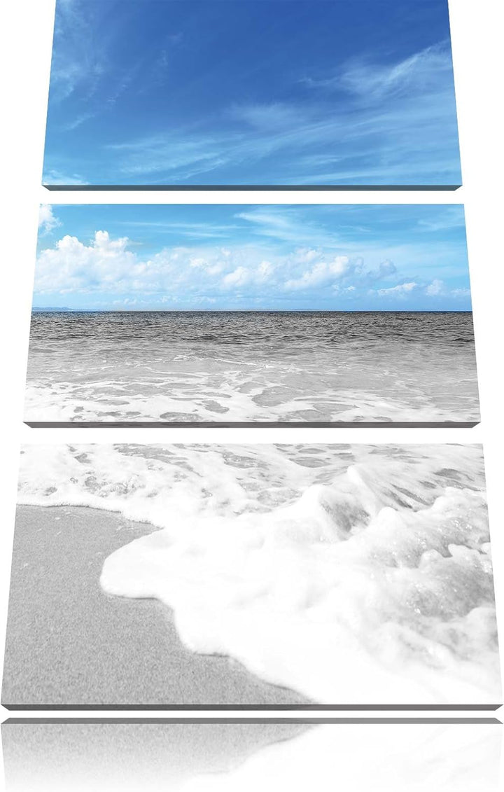 Pixxprint Sandstrand mit Welle bei azurblauen Himmel 3-Teiler Leinwandbild 120x80 Bild auf Leinwand