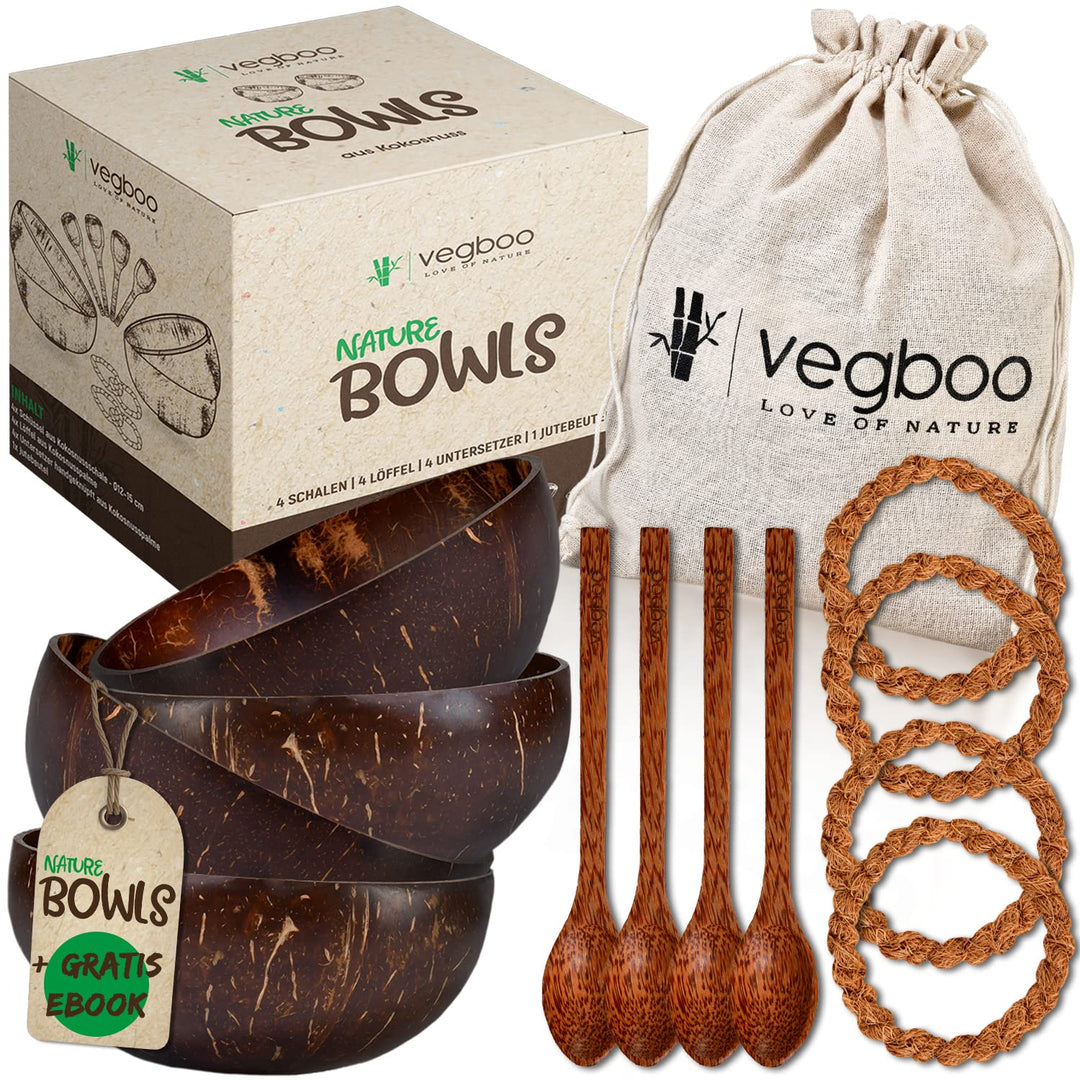 vegboo® Kokosnuss Schalen Set – 4er Set (14-teilig) mit Löffeln, Untersetzern & Jutebeutel – Handgef