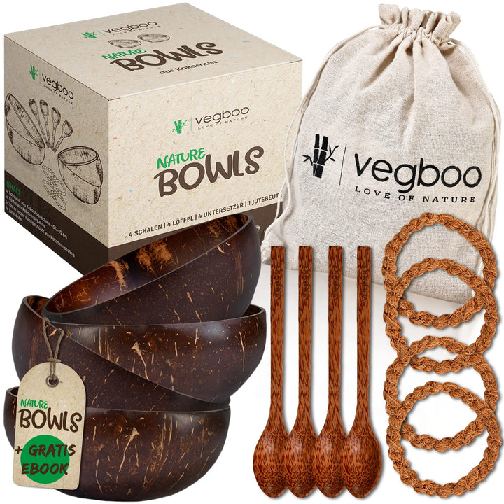 vegboo® Kokosnuss Schalen Set – 4er Set (14-teilig) mit Löffeln, Untersetzern & Jutebeutel – Handgef