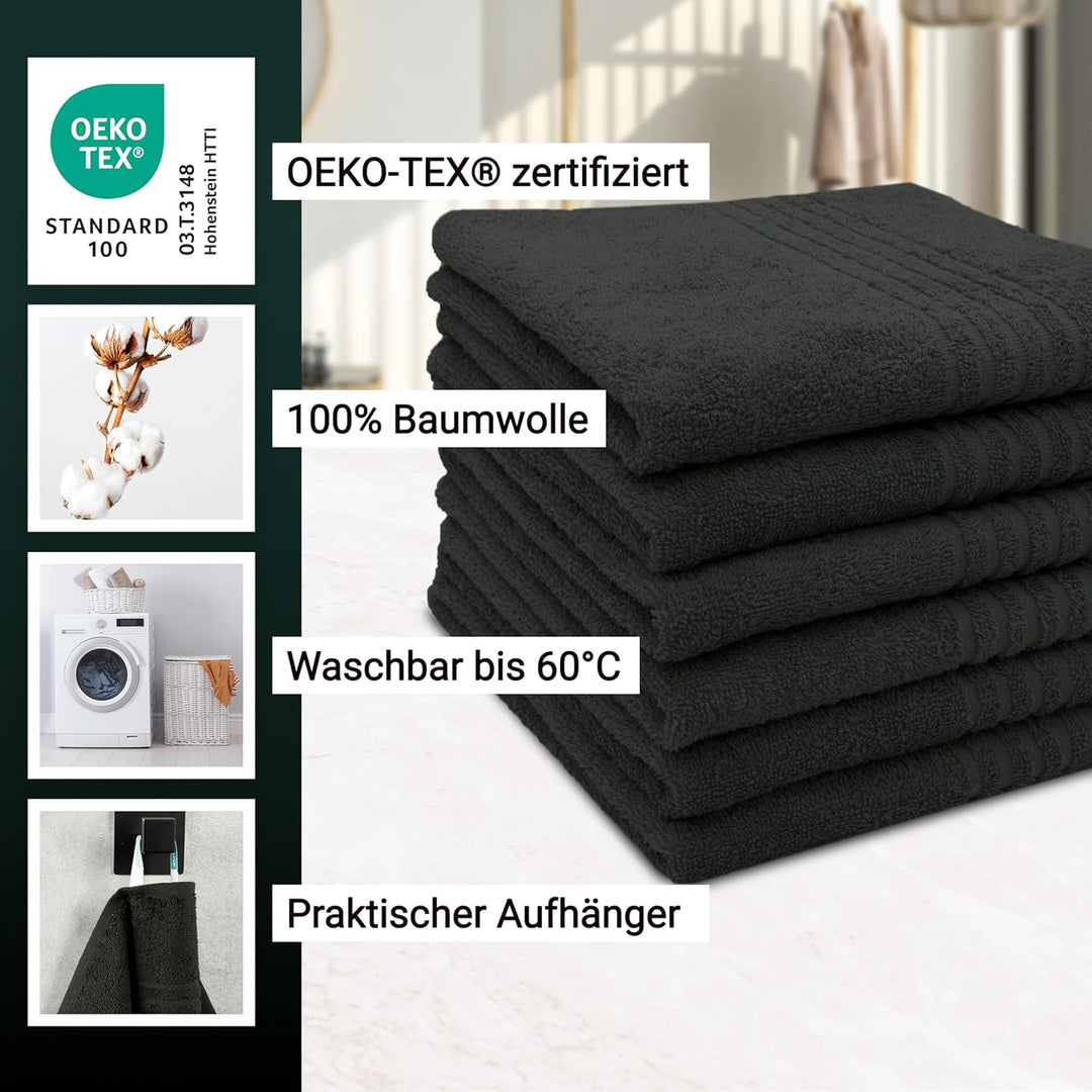 ZOLLNER 6er-Set Handtücher mit 5 Tiefgangstreifen, 50x70 cm, Baumwolle, schwarz 50 x 70 cm Schwarz,