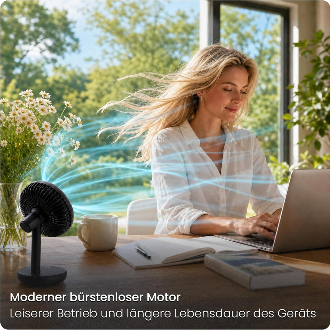 Tischventilator sehr leise - 7-Flügel USB Ventilator Akku 2000 mAh, Ø 14cm, 4 Modi, Naturwind, Bürst