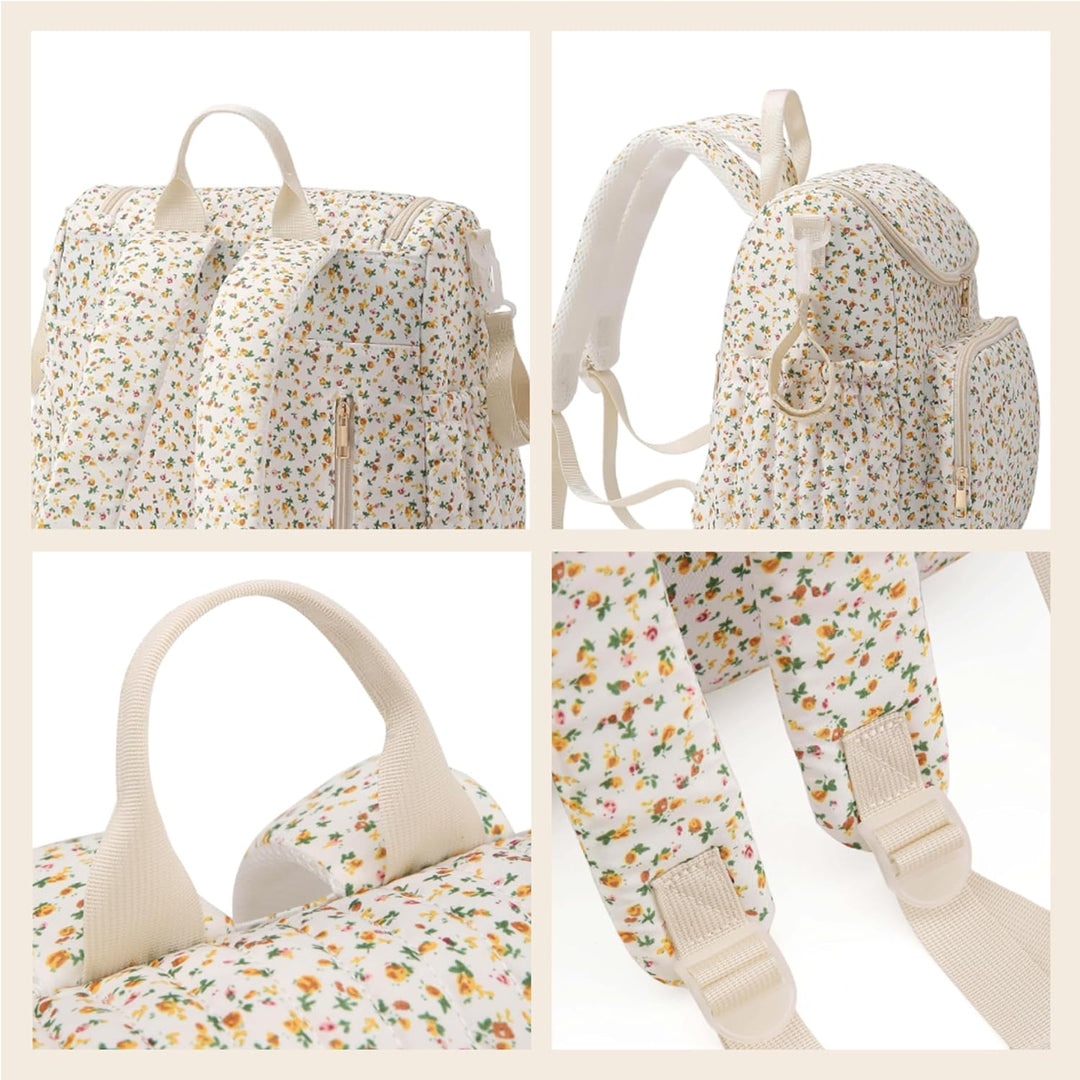 Gesteppte Wickeltasche, Wickelrucksack mit Blumenmuster, geräumiger Mama-Rucksack mit mehreren Tasch