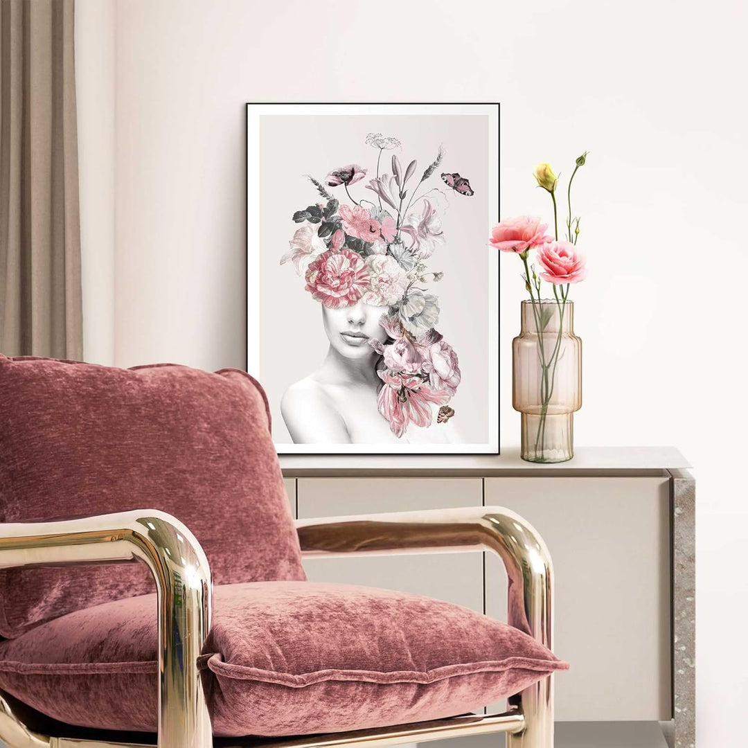 REINDERS Gerahmtes Bild, Blumenfrau, Wohnzimmer, Bilder, Wanddeko, Room Decor, MDF, Rosa, 70x50cm 70