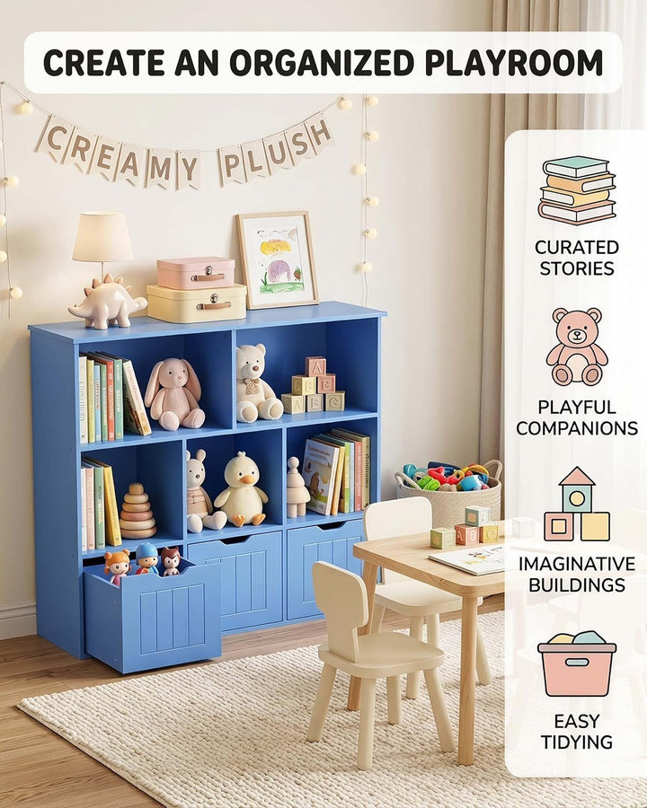 Kinder Bücherregal Blau – 3 Schubladen mit Rollen, 5 Fächer, Standregal mit Aufbewahrung, Kleidersch