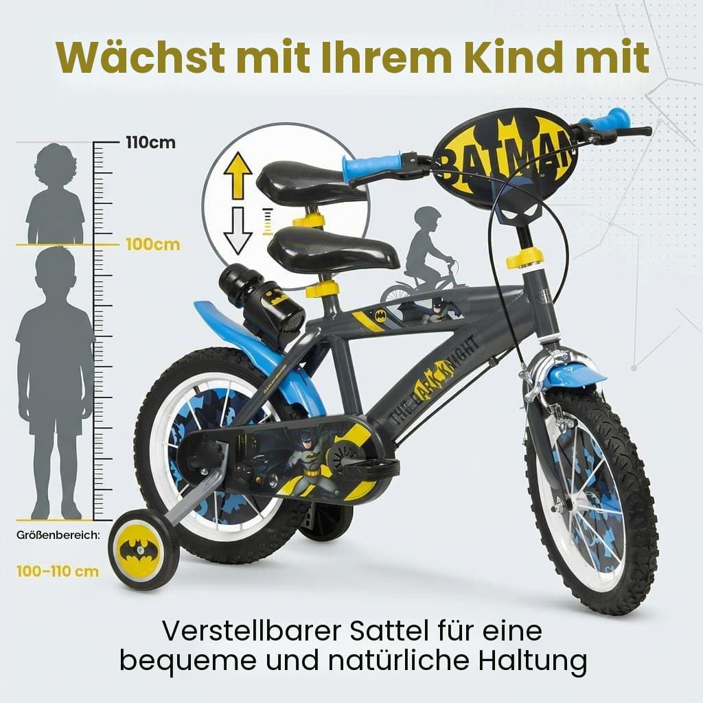 Toimsa Kinderfahrrad Batman 14 Zoll Schwarz/Blau/Gelb | Felgenbremse Trommelbremse Stützräder Speich