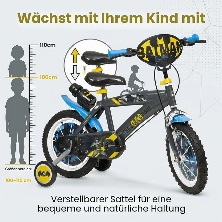 Toimsa Kinderfahrrad Batman 14 Zoll Schwarz/Blau/Gelb | Felgenbremse Trommelbremse Stützräder Speich