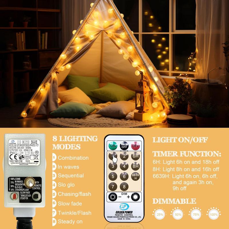 Liyade lichterkette innen, Cotton Ball Lichterkette, 6M 20LED Kugel Lichterketten mit Stecker, 8 Mod