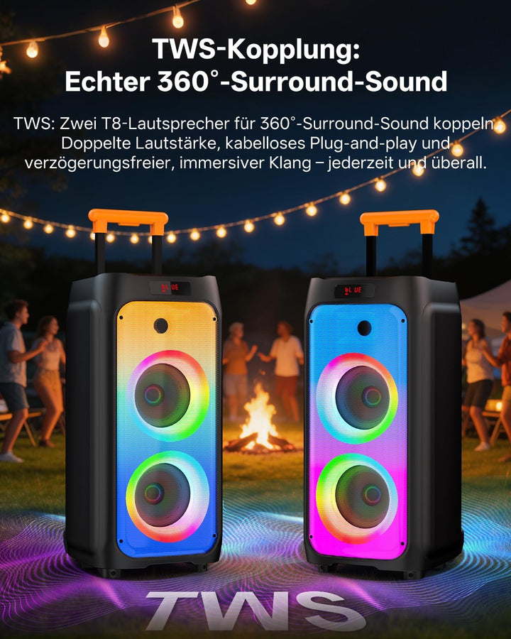 JYX Karaoke Anlage mit 2 drahtlosen Mikrofonen, Grosser Karaoke Lautsprecher Bluetooth mit Rädern un