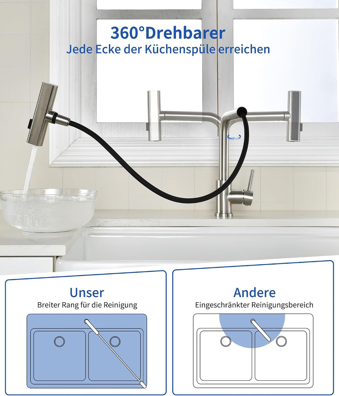 Wasserhahn Küche,Hochdruck Küchenarmatur mit Ausziehbar Brause,Wasserfall Armatur Küche mit 3 Strahl