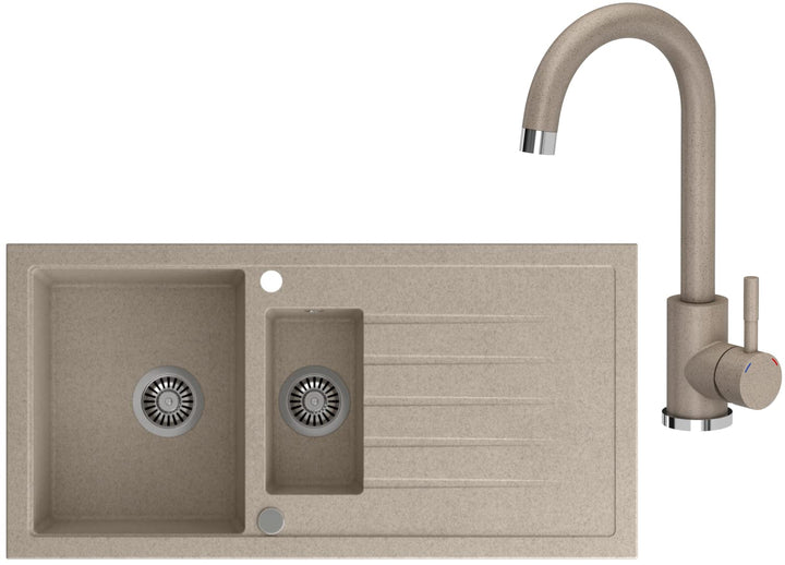 VBChome Spülbecken mit Armatur 100 x 50 cm Einzelbecken Beige Granit Rechteckig Reversibel Einbauspü
