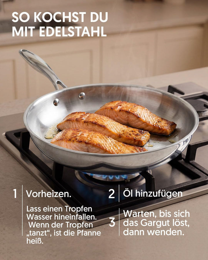 La Moustache - Topf- und Pfannenset 10-teilig aus Edelstahl ohne Beschichtung, 3 Töpfe mit Glasdecke