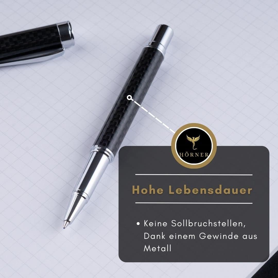 Hörner ONE - Hochwertiger Tintenroller Carbon schwarz silber | Schreibfarbe Blau 0,7 mm | Aus Metall