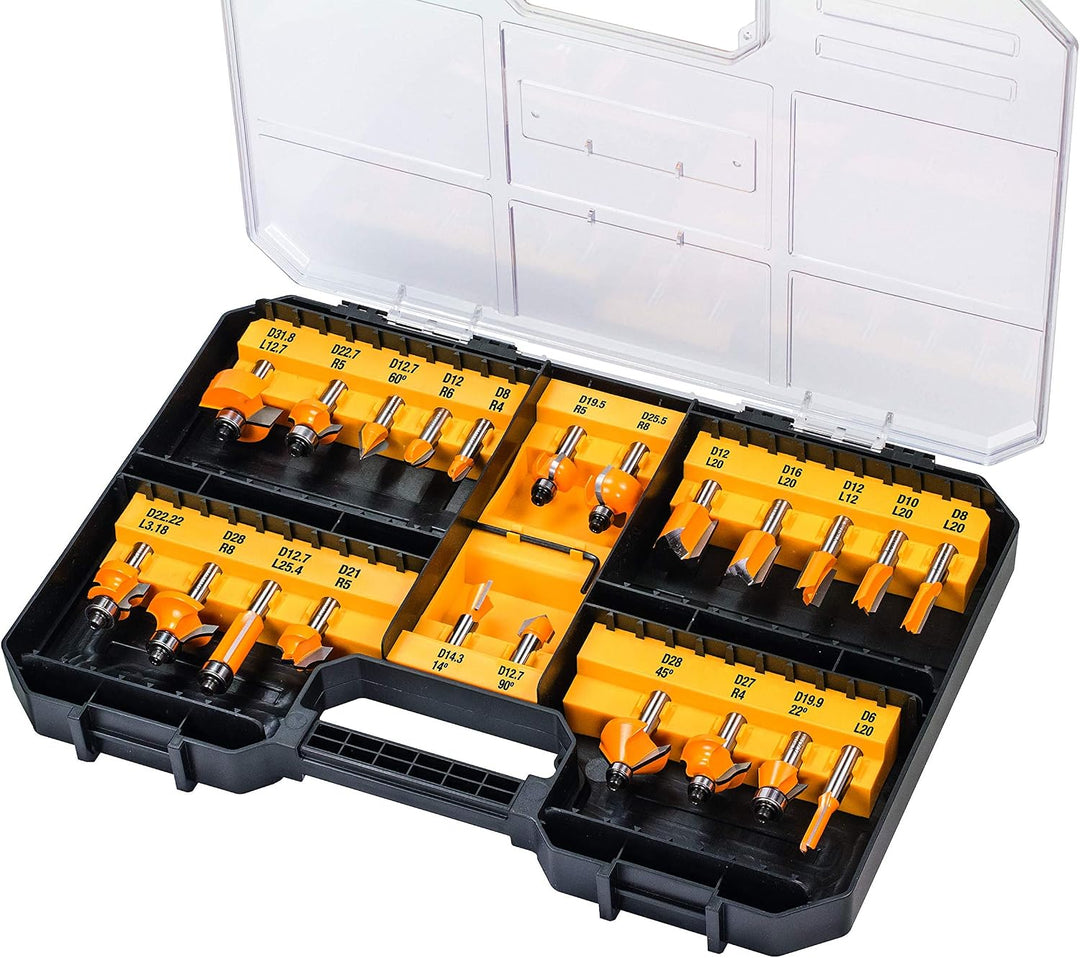 DEWALT DCW 604 P2 Akku Kombifräse 18V 55 mm + 2x Akku 5,0Ah + Ladegerät + TSTAK &amp; Fräser-Set 22 tlg.