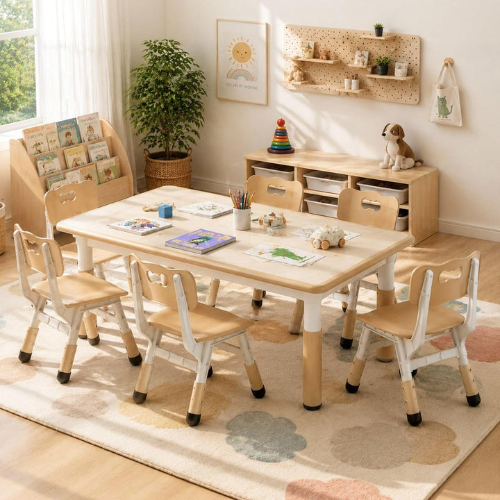 MAMIZO Kindertisch Packung mit 6 Stühlen, Kindertischgruppe Höhenverstellbar, Kinder Tisch Stuhl Set