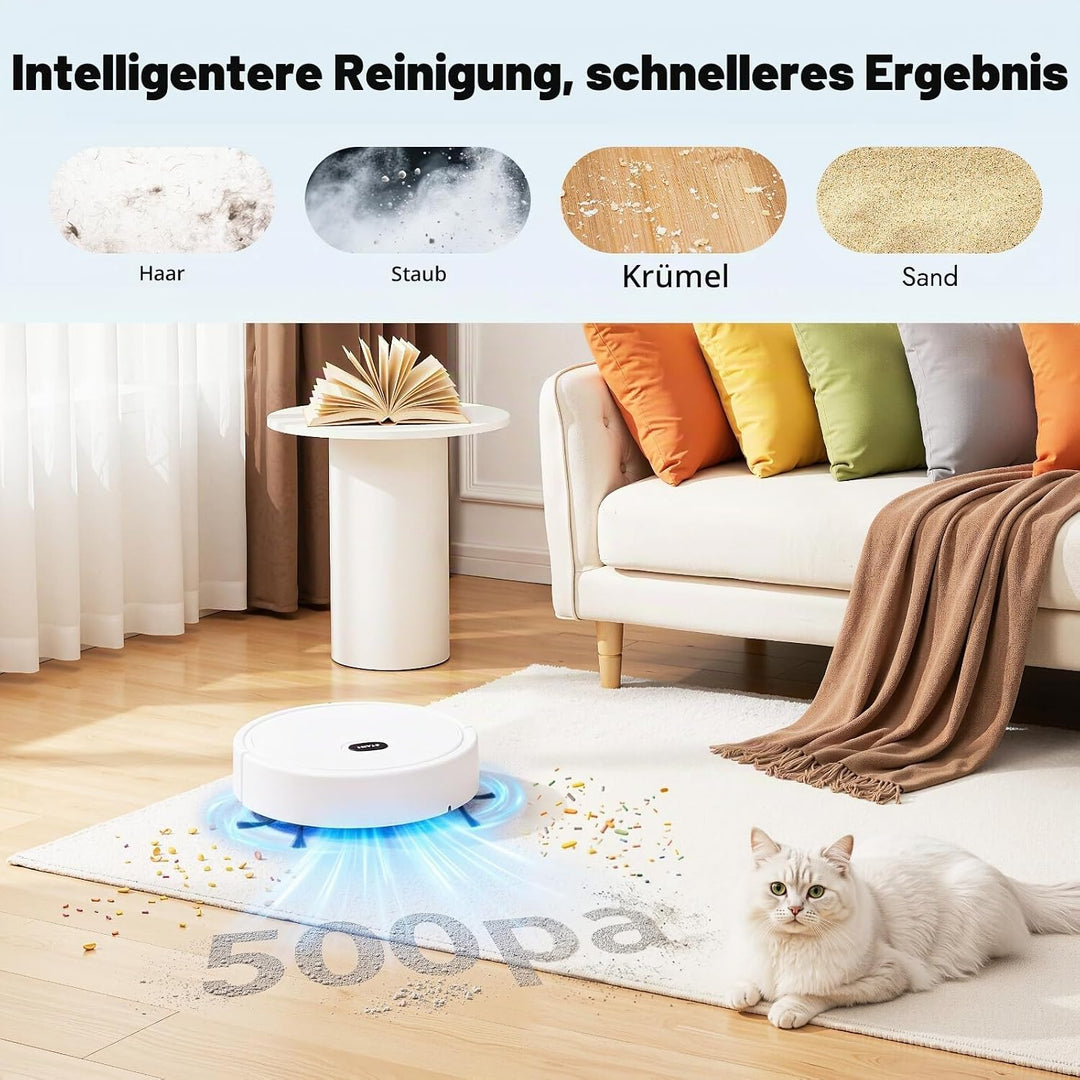 TESUGN Saugroboter mit Wischfunktion, 500Pa Saugkraft, 3in1 Roboterstaubsauger, Kinder Boden wischen