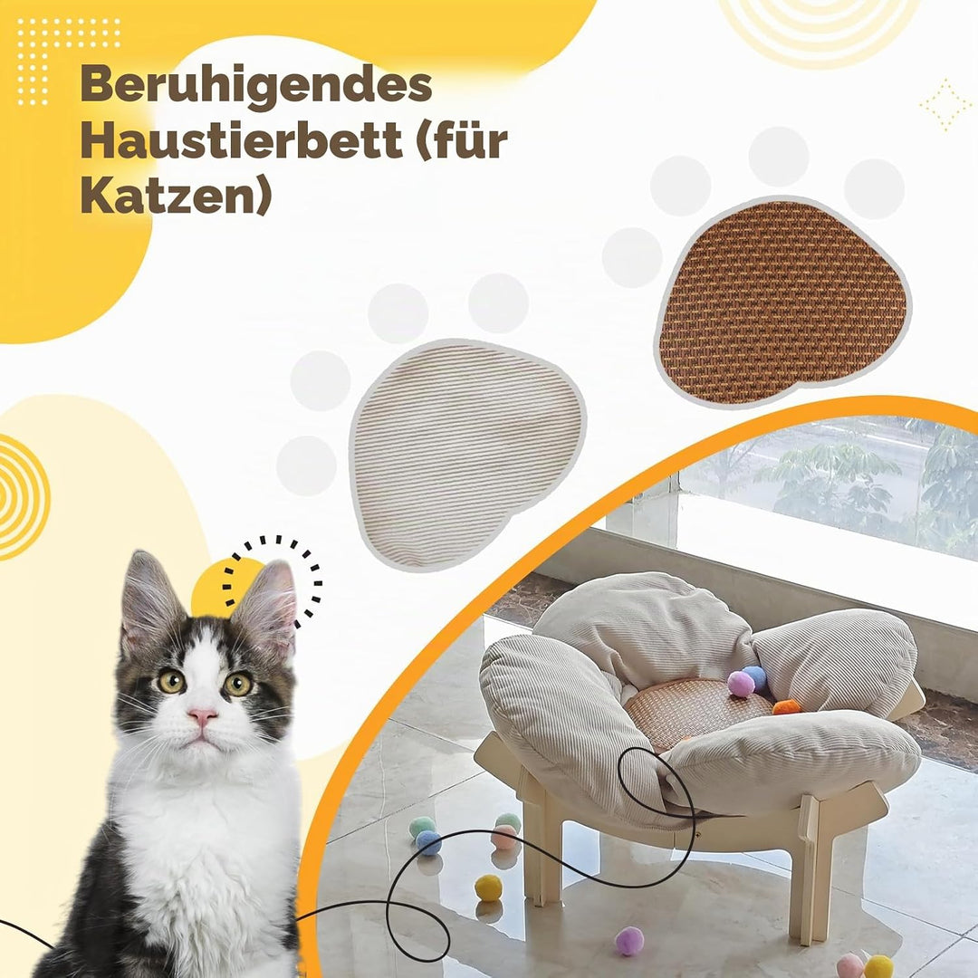 Erhöhtes Katzenbett in Blumenform,Stabiles Holzkatzensofa,Weiche Haustiersofa,Katzenstuhl mit Abnehm