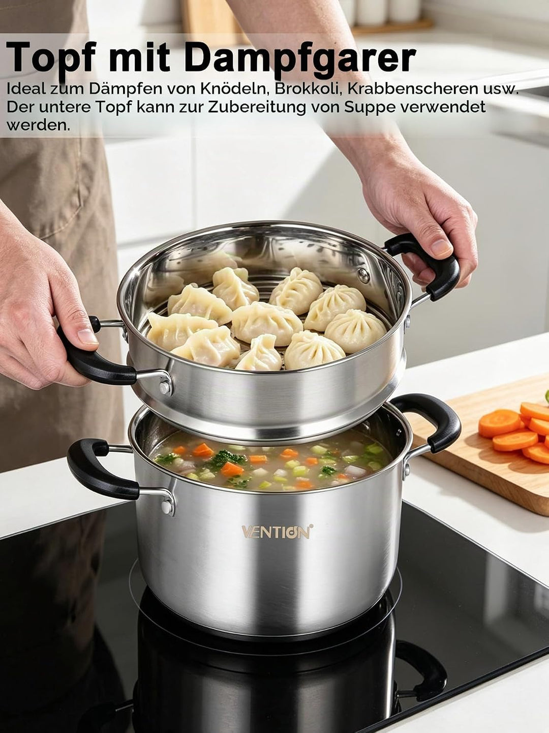 VENTION Kochtopf Dampfgarer Induktion, Couscoustopf 22 cm, 3,6 litres Induktion 22 Cm/3,6 L, Indukti