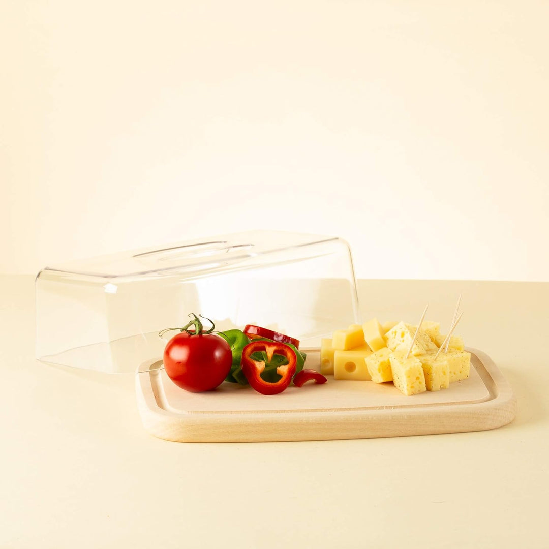 Tuuli Kitchen Käseglocke Käsebrett Käseplatte Holzbrett aus Holz Buche Natur Plastik Aufbewahrung vo