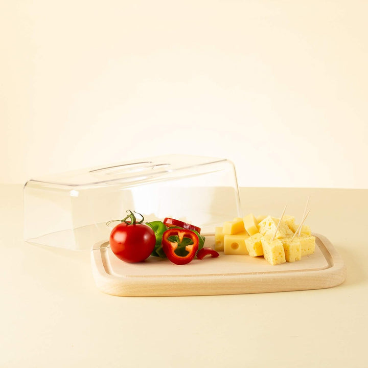 Tuuli Kitchen Käseglocke Käsebrett Käseplatte Holzbrett aus Holz Buche Natur Plastik Aufbewahrung vo