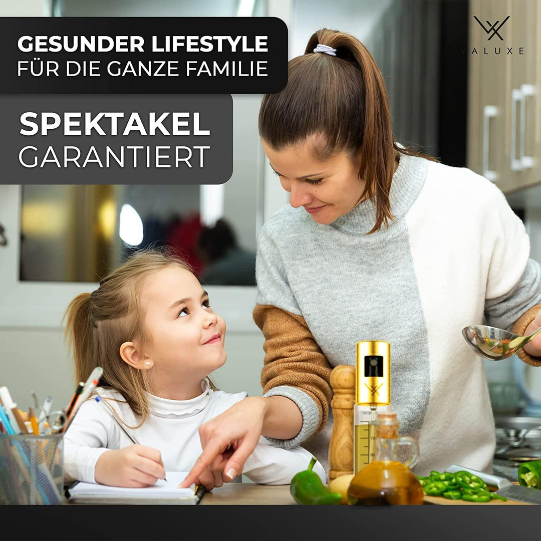 VALUXE® Premium Ölsprüher Gold – Das ORIGINAL - Extrem präzise Öl-Sprühflasche aus Edelstahl und Gla