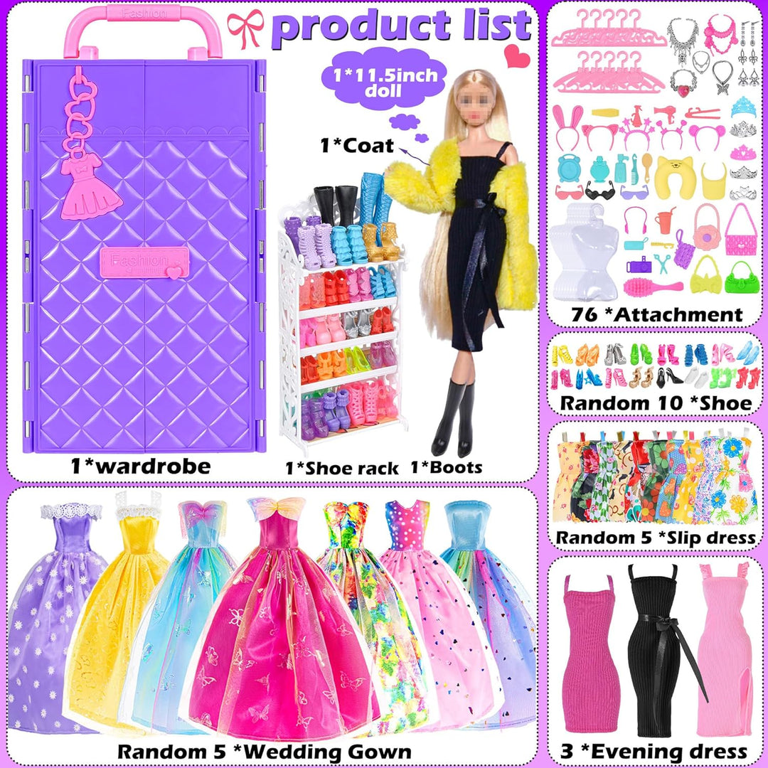 dollbie 11.5 Zoll Mädchen Puppe mit Puppe Kleiderschrank Schrank Playset schliessen Mode Lange Kleid