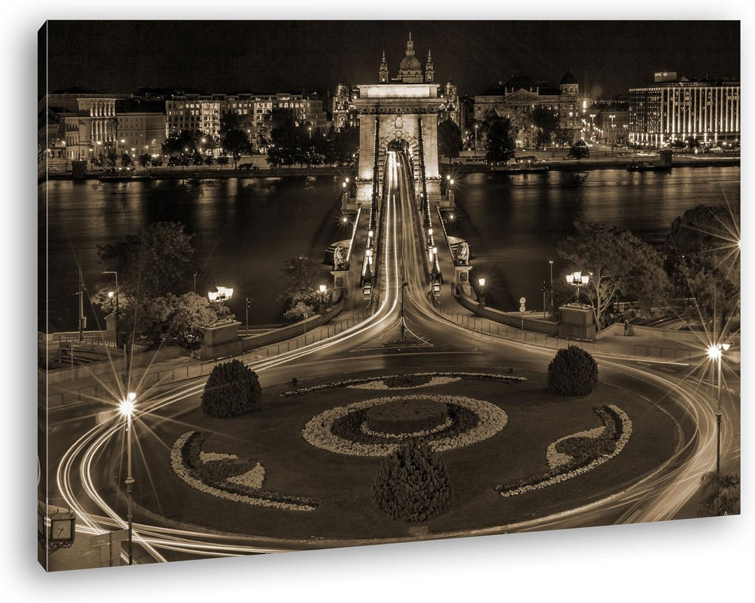 deyoli Kettenbrücke in Budapest bei Nacht Format: 60x40 Effekt: Sepia als Leinwandbild, Motiv fertig