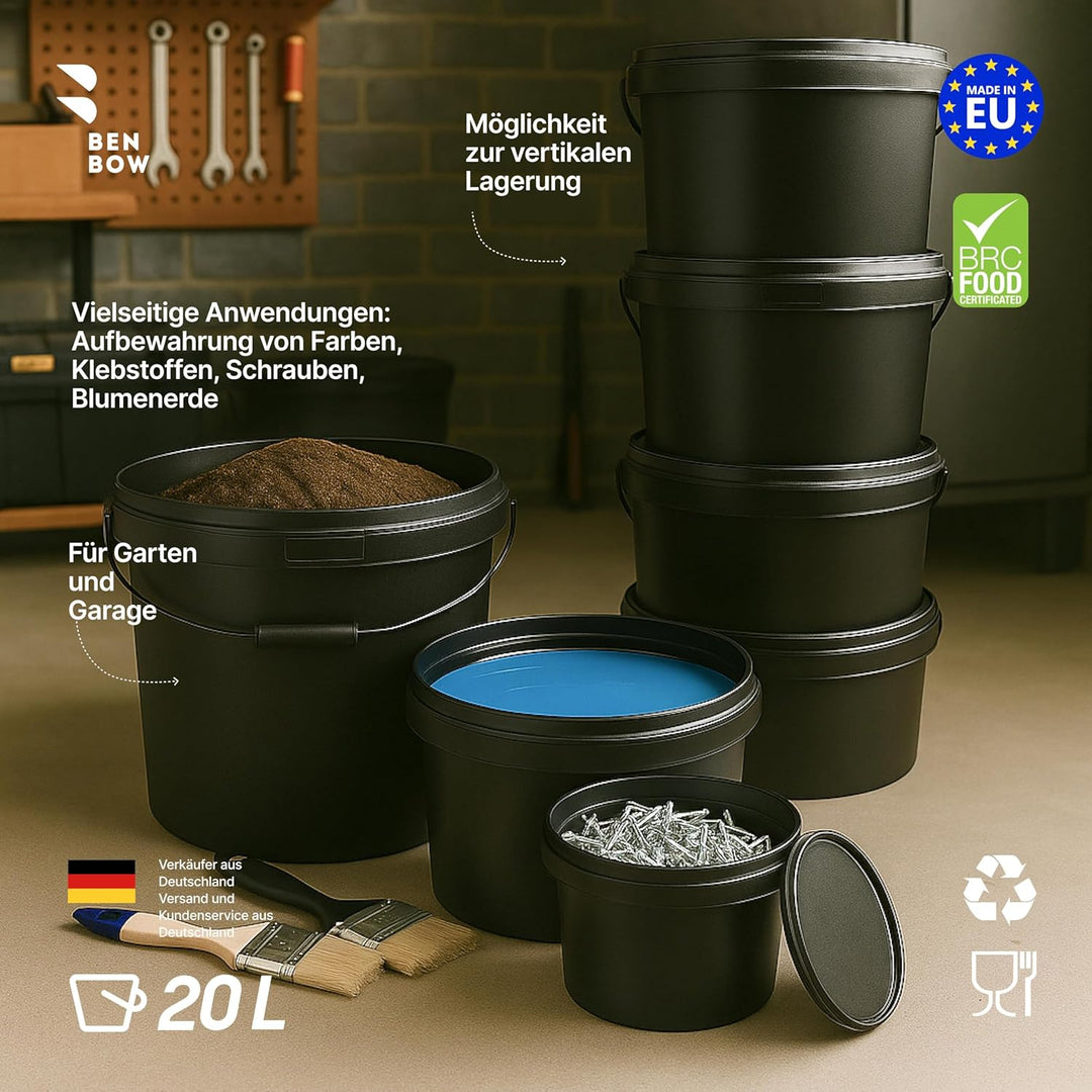 BenBow Eimer mit Deckel 20l schwarz 5X 20 Liter - lebensmittelecht, stabil, luftdicht, auslaufsicher