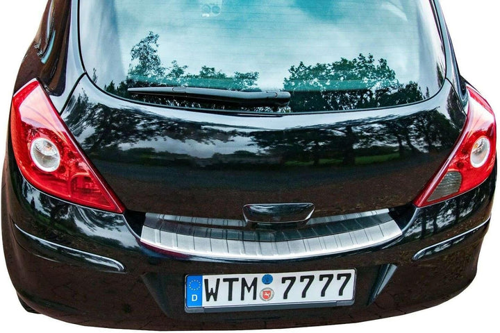 RECAMBO Ladekantenschutz Edelstahl kompatibel für OPEL Corsa D | 2006-2014 - matt gebürstet mit Text