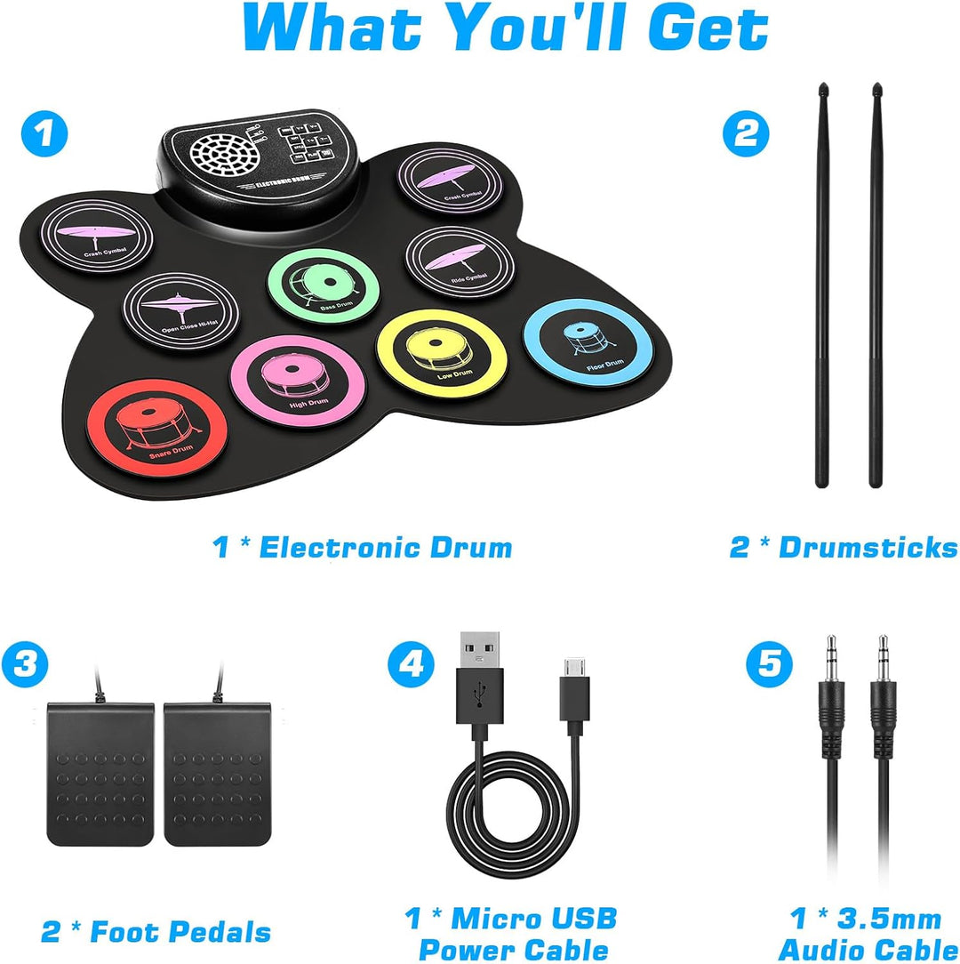 Anpro Schlagzeug Elektronisch Drum Set, 9 Pads, Aufrollbar Elektrisches Schlagzeug-Pad, Eingebauter