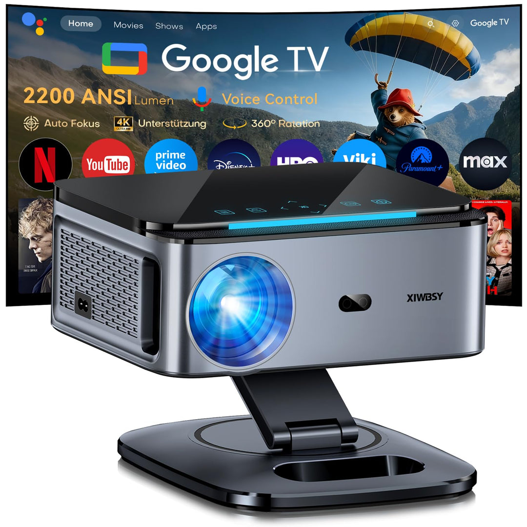 Beamer mit Google TV 14.0 Unterstützt 4K Autofokus 2200 ANSI 360°-Drehung | Google Sprachsteuerung,